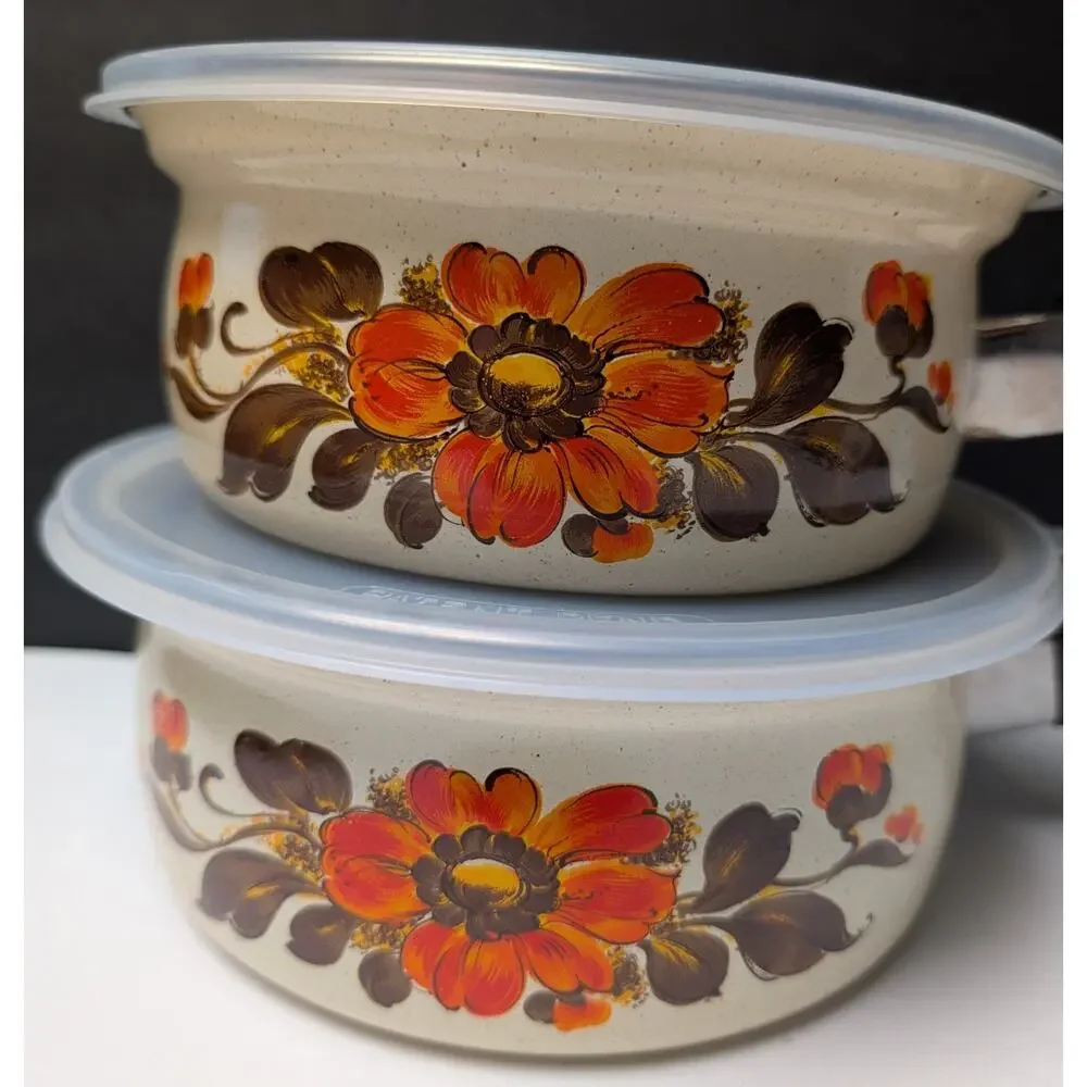 Vtg 70s Moneta Enamelware Pot Pan Set w/Lids 2 Cream Orange Brown Floral 6pc NEW